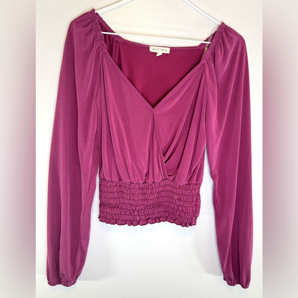 Moa Moa Purple/Burgundy Ruched Long Sleeve V-Neck Wrap Crop Top Women's Size XS